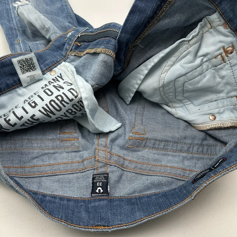 True Religion Geno Flap Relaxed Slim Jeans Mens 33x34 Distressed Blue Stretch